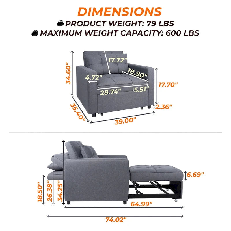 3-in-1 Convertible Recliner Chair Bed  Modern Upholstered Sleeper Sofa, Foldable Lounge Chair for Small Spaces