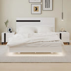 Modern High Gloss 3-Piece Bedroom Set Floating Bed Frame Queen Size Platform Bed with LED Light & 2 Nightstands, White