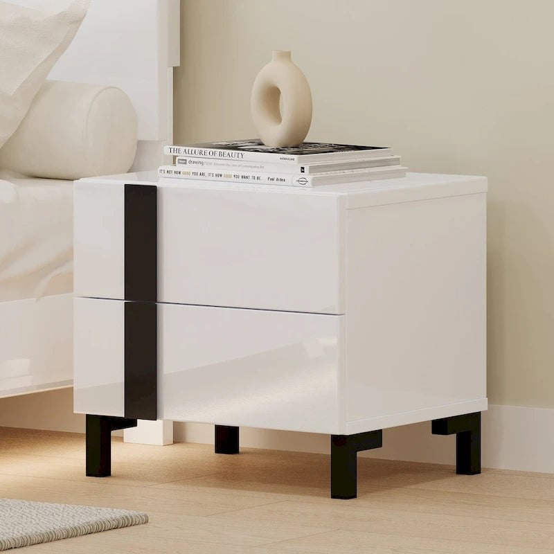Modern High Gloss 3-Piece Bedroom Set Floating Bed Frame Queen Size Platform Bed with LED Light & 2 Nightstands, White