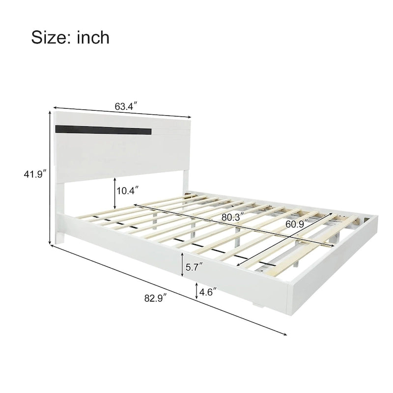 Modern High Gloss 3-Piece Bedroom Set Floating Bed Frame Queen Size Platform Bed with LED Light & 2 Nightstands, White