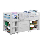 Twin Size Low Loft Bed with Desk and Storage - Kids Pine Wood Loft Bed with Cabinet and Study Space