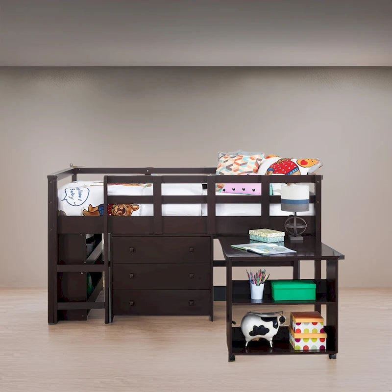 Twin Size Low Loft Bed with Desk and Storage - Kids Pine Wood Loft Bed with Cabinet and Study Space