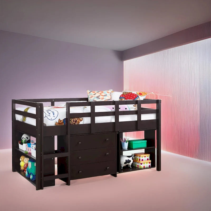 Twin Size Low Loft Bed with Desk and Storage - Kids Pine Wood Loft Bed with Cabinet and Study Space