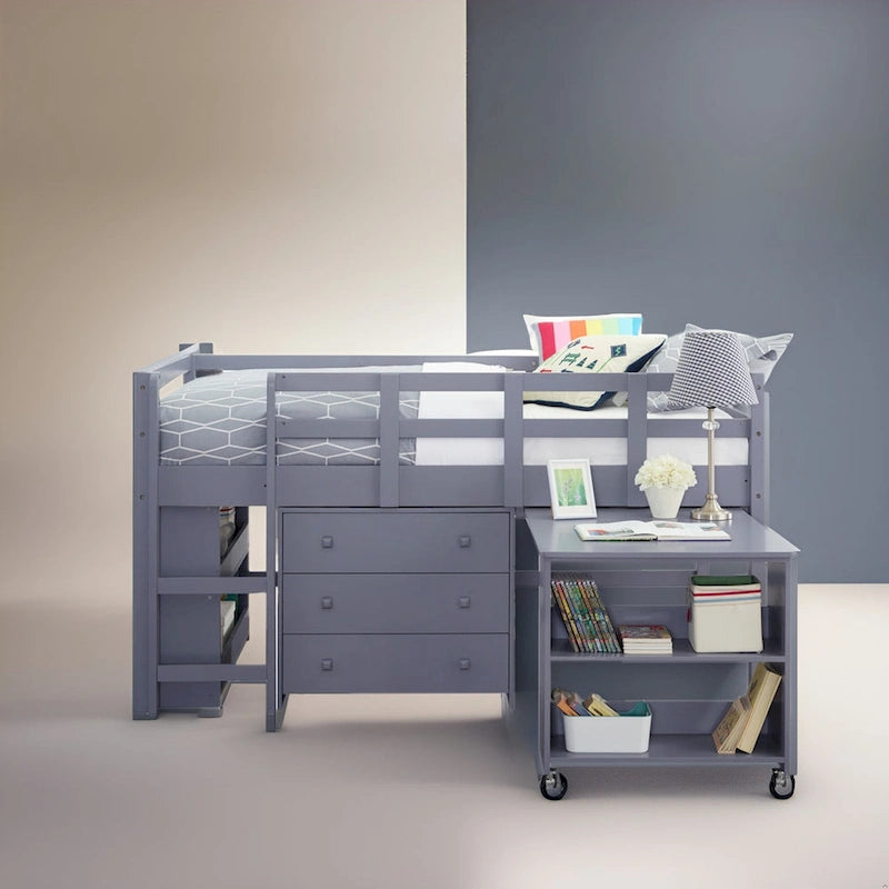 Twin Size Low Loft Bed with Desk and Storage - Kids Pine Wood Loft Bed with Cabinet and Study Space