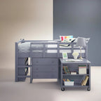 Twin Size Low Loft Bed with Desk and Storage - Kids Pine Wood Loft Bed with Cabinet and Study Space