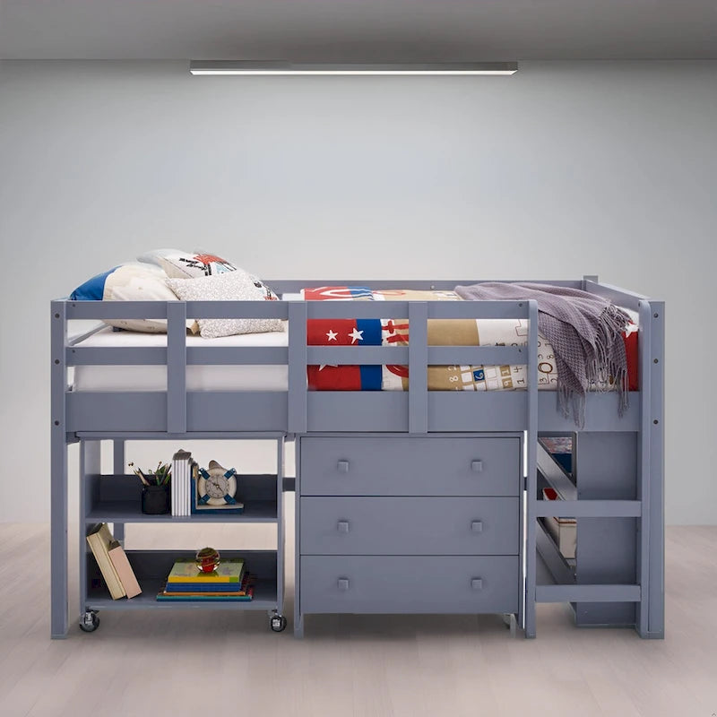 Twin Size Low Loft Bed with Desk and Storage - Kids Pine Wood Loft Bed with Cabinet and Study Space