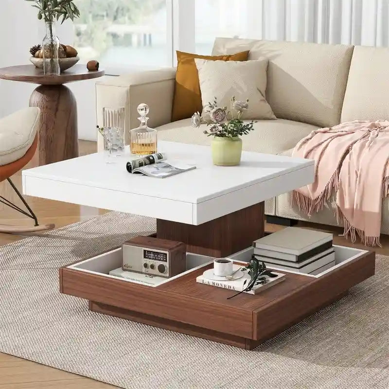 Modern Square 360 Rotating Coffee Table with 3 Detachable Tray, 2-Tier Center Table Cocktail Table with Storage for Living Room