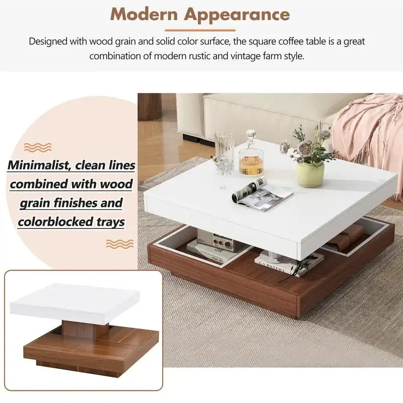 Modern Square 360 Rotating Coffee Table with 3 Detachable Tray, 2-Tier Center Table Cocktail Table with Storage for Living Room