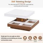 Modern Square 360 Rotating Coffee Table with 3 Detachable Tray, 2-Tier Center Table Cocktail Table with Storage for Living Room