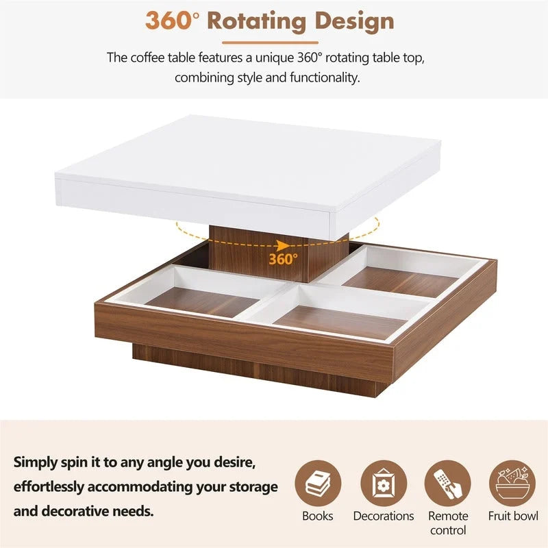 Modern Square 360 Rotating Coffee Table with 3 Detachable Tray, 2-Tier Center Table Cocktail Table with Storage for Living Room