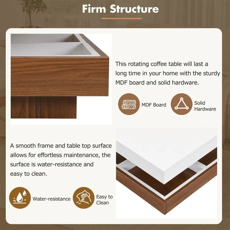 Modern Square 360 Rotating Coffee Table with 3 Detachable Tray, 2-Tier Center Table Cocktail Table with Storage for Living Room