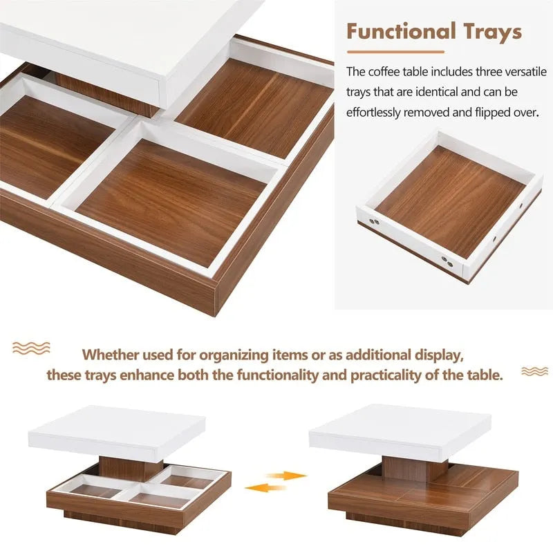 Modern Square 360 Rotating Coffee Table with 3 Detachable Tray, 2-Tier Center Table Cocktail Table with Storage for Living Room