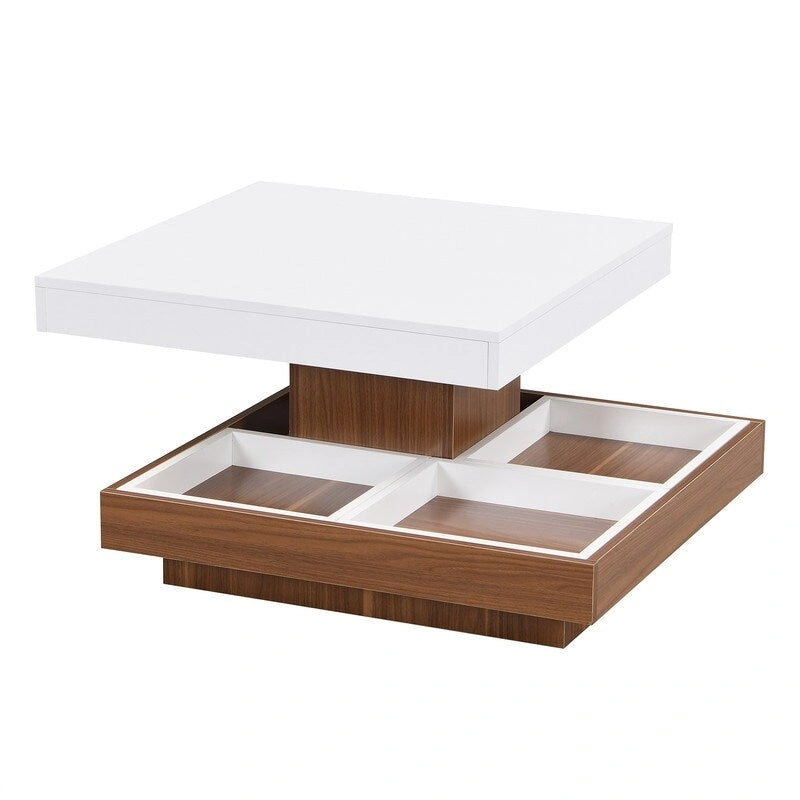 Modern Square 360 Rotating Coffee Table with 3 Detachable Tray, 2-Tier Center Table Cocktail Table with Storage for Living Room