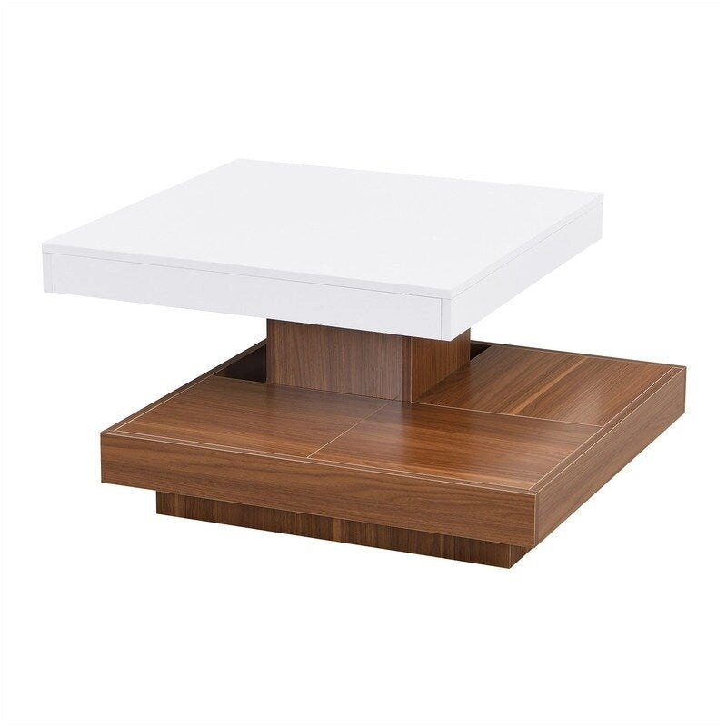 Modern Square 360 Rotating Coffee Table with 3 Detachable Tray, 2-Tier Center Table Cocktail Table with Storage for Living Room