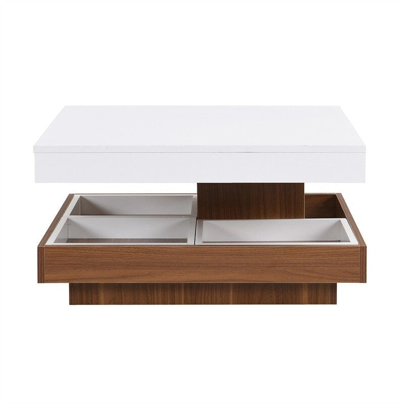 Modern Square 360 Rotating Coffee Table with 3 Detachable Tray, 2-Tier Center Table Cocktail Table with Storage for Living Room