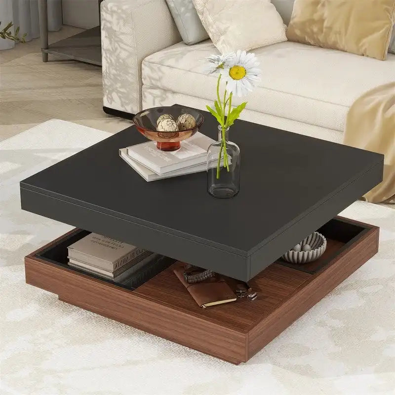 Modern Square 360 Rotating Coffee Table with 3 Detachable Tray, 2-Tier Center Table Cocktail Table with Storage for Living Room