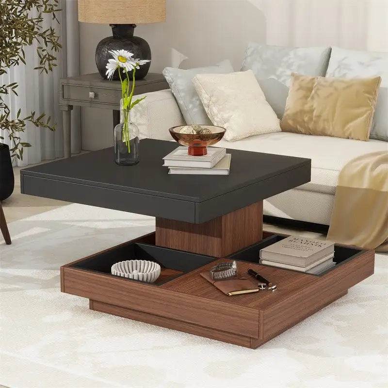 Modern Square 360 Rotating Coffee Table with 3 Detachable Tray, 2-Tier Center Table Cocktail Table with Storage for Living Room
