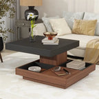 Modern Square 360 Rotating Coffee Table with 3 Detachable Tray, 2-Tier Center Table Cocktail Table with Storage for Living Room