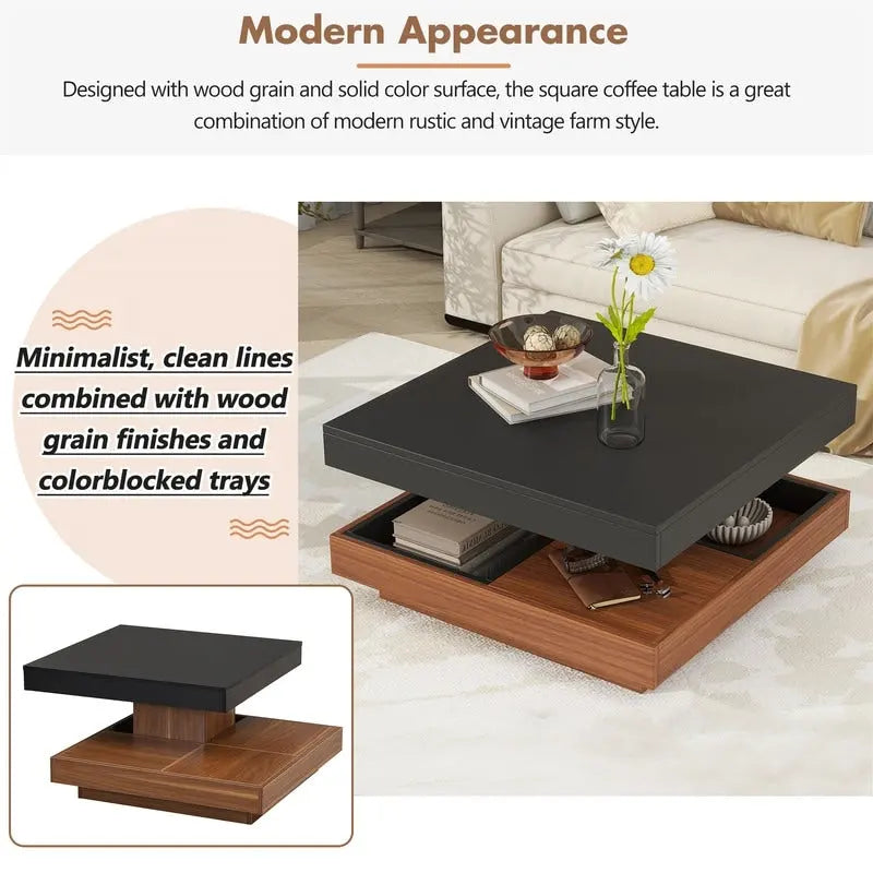 Modern Square 360 Rotating Coffee Table with 3 Detachable Tray, 2-Tier Center Table Cocktail Table with Storage for Living Room