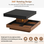 Modern Square 360 Rotating Coffee Table with 3 Detachable Tray, 2-Tier Center Table Cocktail Table with Storage for Living Room