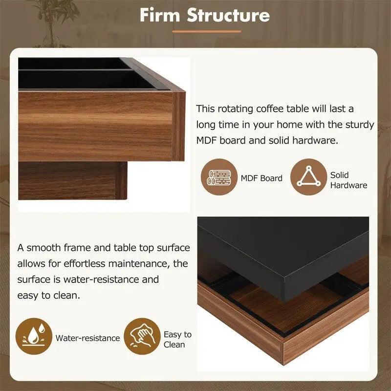 Modern Square 360 Rotating Coffee Table with 3 Detachable Tray, 2-Tier Center Table Cocktail Table with Storage for Living Room