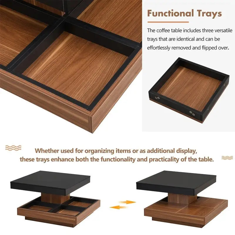Modern Square 360 Rotating Coffee Table with 3 Detachable Tray, 2-Tier Center Table Cocktail Table with Storage for Living Room