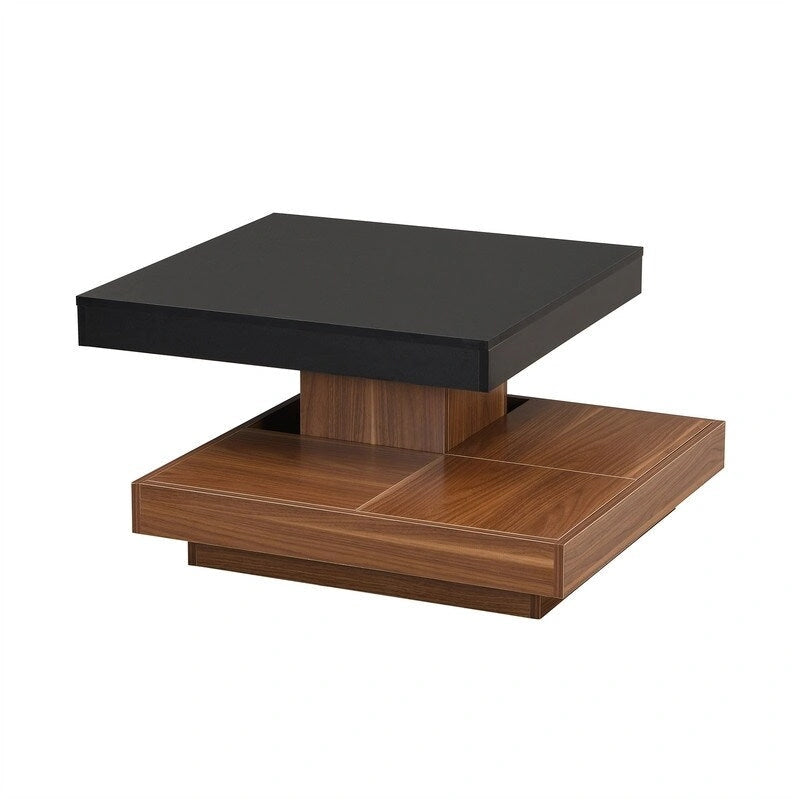 Modern Square 360 Rotating Coffee Table with 3 Detachable Tray, 2-Tier Center Table Cocktail Table with Storage for Living Room