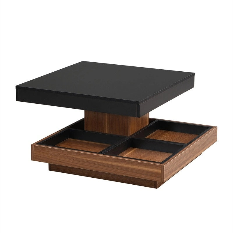 Modern Square 360 Rotating Coffee Table with 3 Detachable Tray, 2-Tier Center Table Cocktail Table with Storage for Living Room