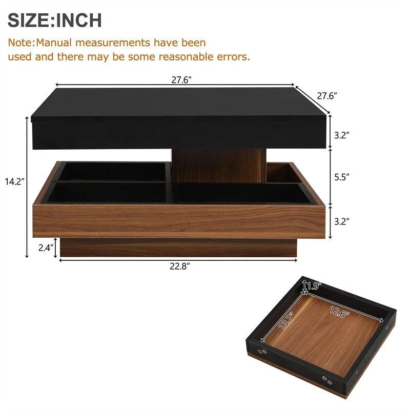 Modern Square 360 Rotating Coffee Table with 3 Detachable Tray, 2-Tier Center Table Cocktail Table with Storage for Living Room