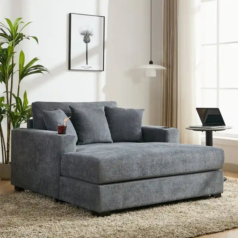 Chenille Fabric Oversized Chaise Lounger, 39.7/43.5/55 Chair Bed Sofa Couch with Pillows, Charge Station & Cup Holders