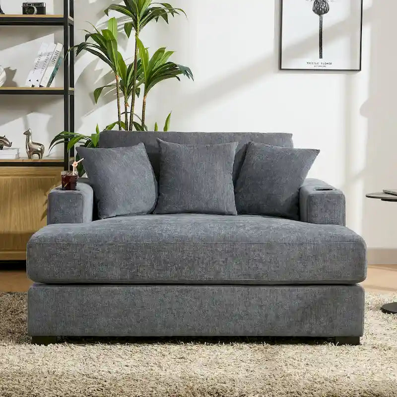Chenille Fabric Oversized Chaise Lounger, 39.7/43.5/55 Chair Bed Sofa Couch with Pillows, Charge Station & Cup Holders