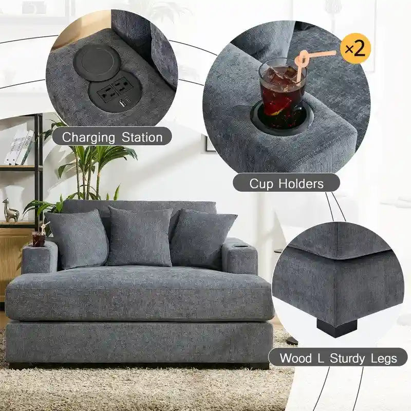 Chenille Fabric Oversized Chaise Lounger, 39.7/43.5/55 Chair Bed Sofa Couch with Pillows, Charge Station & Cup Holders