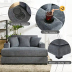 Chenille Fabric Oversized Chaise Lounger, 39.7/43.5/55 Chair Bed Sofa Couch with Pillows, Charge Station & Cup Holders