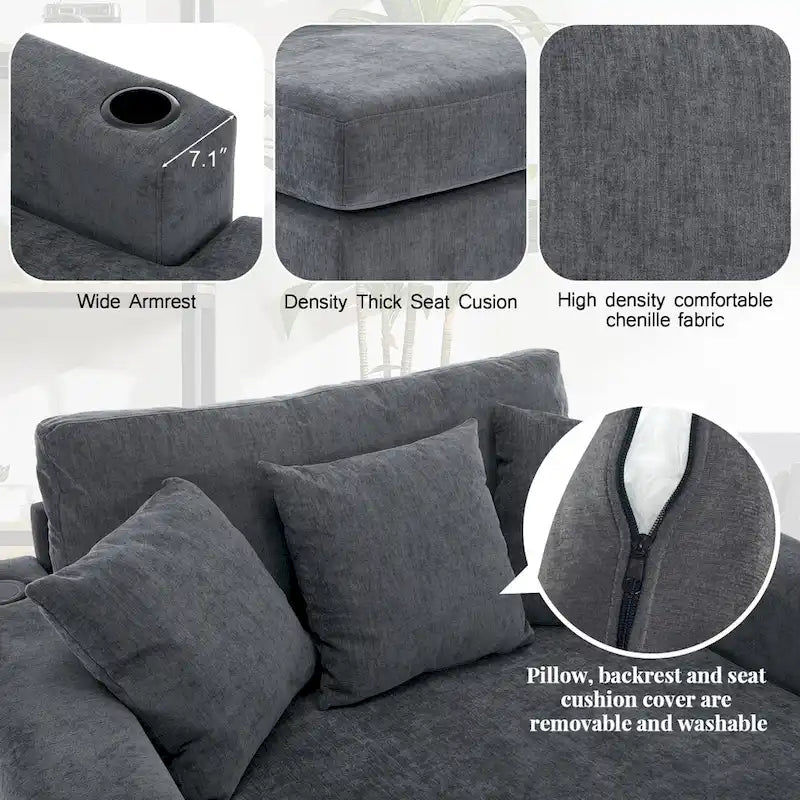 Chenille Fabric Oversized Chaise Lounger, 39.7/43.5/55 Chair Bed Sofa Couch with Pillows, Charge Station & Cup Holders