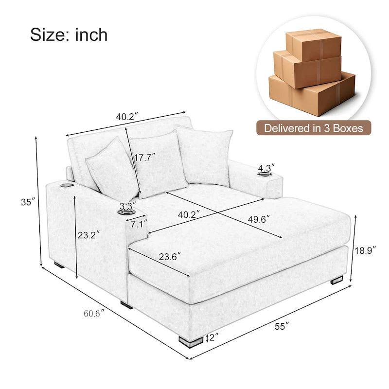Chenille Fabric Oversized Chaise Lounger, 39.7/43.5/55 Chair Bed Sofa Couch with Pillows, Charge Station & Cup Holders