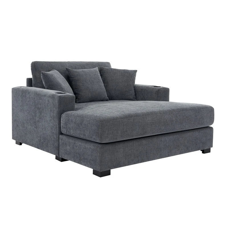 Chenille Fabric Oversized Chaise Lounger, 39.7/43.5/55 Chair Bed Sofa Couch with Pillows, Charge Station & Cup Holders