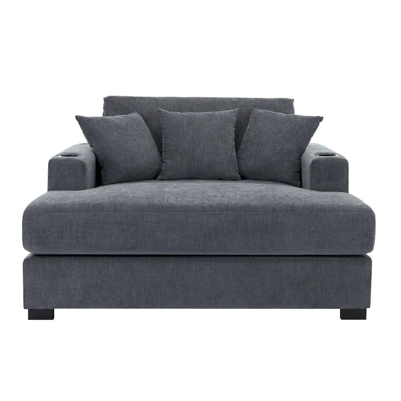 Chenille Fabric Oversized Chaise Lounger, 39.7/43.5/55 Chair Bed Sofa Couch with Pillows, Charge Station & Cup Holders