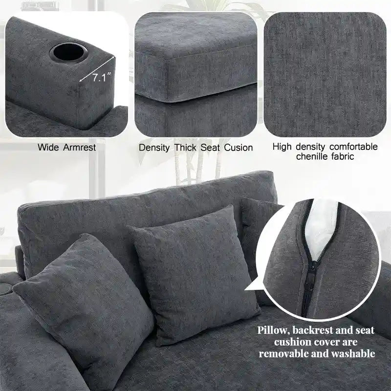Chenille Fabric Oversized Chaise Lounger, 39.7/43.5/55 Chair Bed Sofa Couch with Pillows, Charge Station & Cup Holders