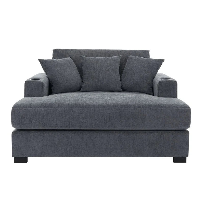 Chenille Fabric Oversized Chaise Lounger, 39.7/43.5/55 Chair Bed Sofa Couch with Pillows, Charge Station & Cup Holders