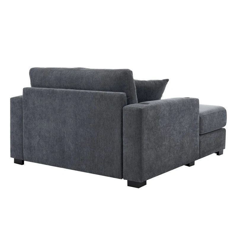 Chenille Fabric Oversized Chaise Lounger, 39.7/43.5/55 Chair Bed Sofa Couch with Pillows, Charge Station & Cup Holders