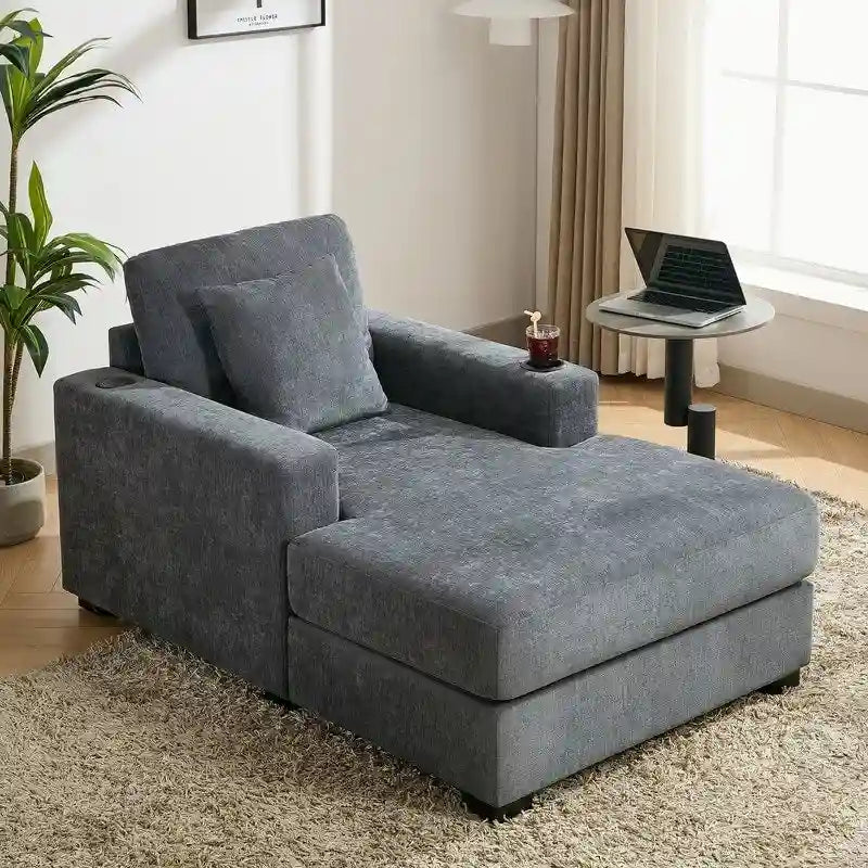 Chenille Fabric Oversized Chaise Lounger, 39.7/43.5/55 Chair Bed Sofa Couch with Pillows, Charge Station & Cup Holders