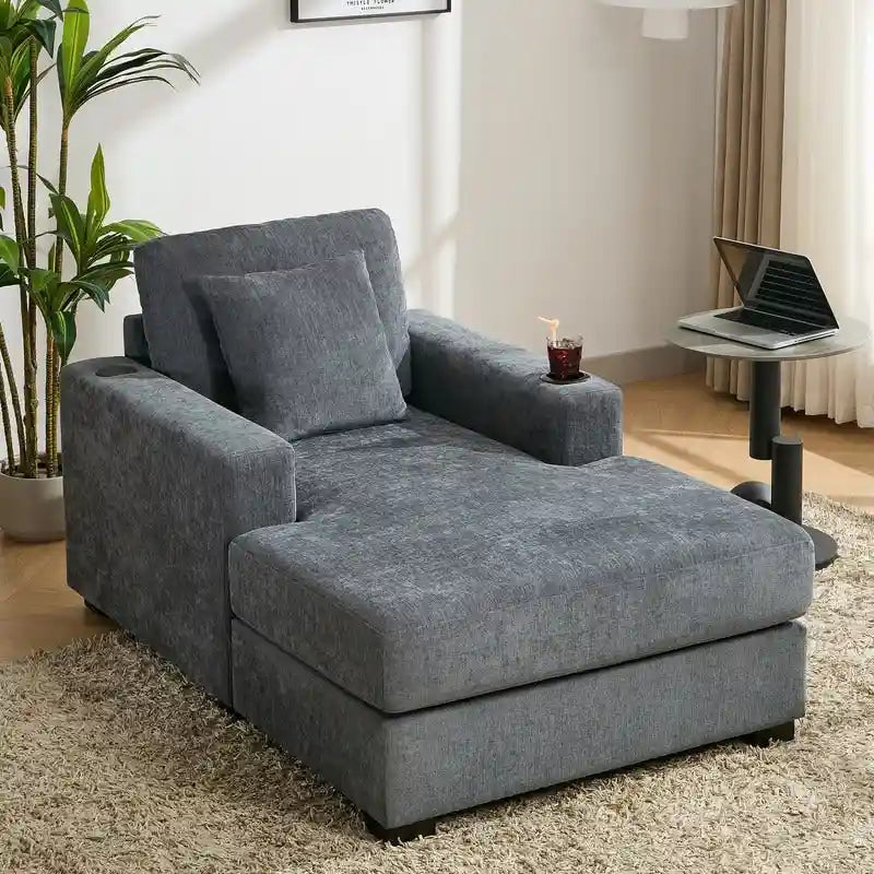 Chenille Fabric Oversized Chaise Lounger, 39.7/43.5/55 Chair Bed Sofa Couch with Pillows, Charge Station & Cup Holders