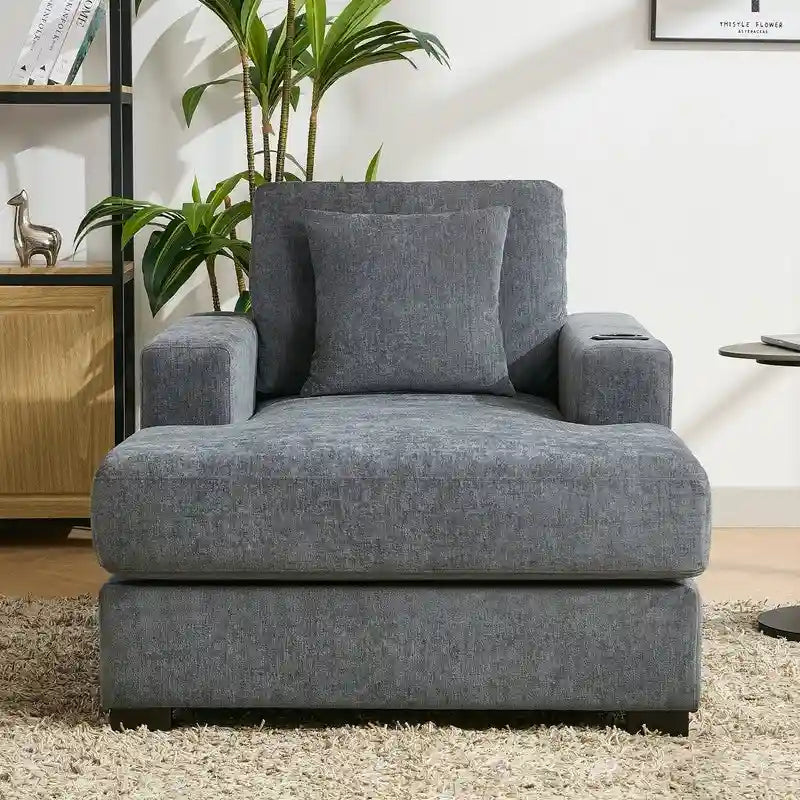 Chenille Fabric Oversized Chaise Lounger, 39.7/43.5/55 Chair Bed Sofa Couch with Pillows, Charge Station & Cup Holders