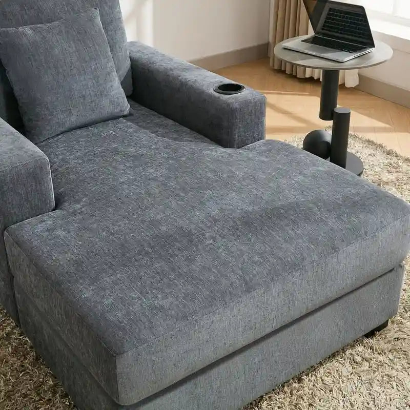 Chenille Fabric Oversized Chaise Lounger, 39.7/43.5/55 Chair Bed Sofa Couch with Pillows, Charge Station & Cup Holders