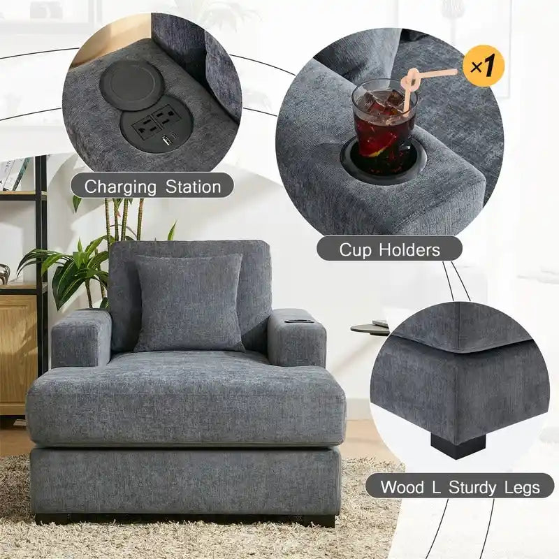 Chenille Fabric Oversized Chaise Lounger, 39.7/43.5/55 Chair Bed Sofa Couch with Pillows, Charge Station & Cup Holders