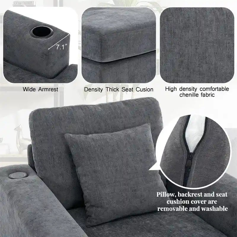 Chenille Fabric Oversized Chaise Lounger, 39.7/43.5/55 Chair Bed Sofa Couch with Pillows, Charge Station & Cup Holders