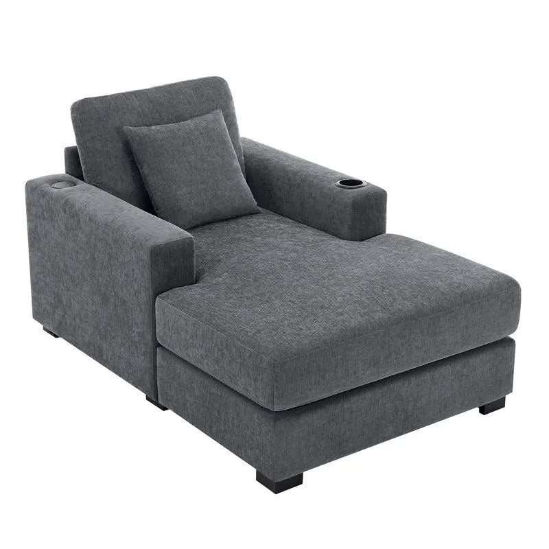 Chenille Fabric Oversized Chaise Lounger, 39.7/43.5/55 Chair Bed Sofa Couch with Pillows, Charge Station & Cup Holders