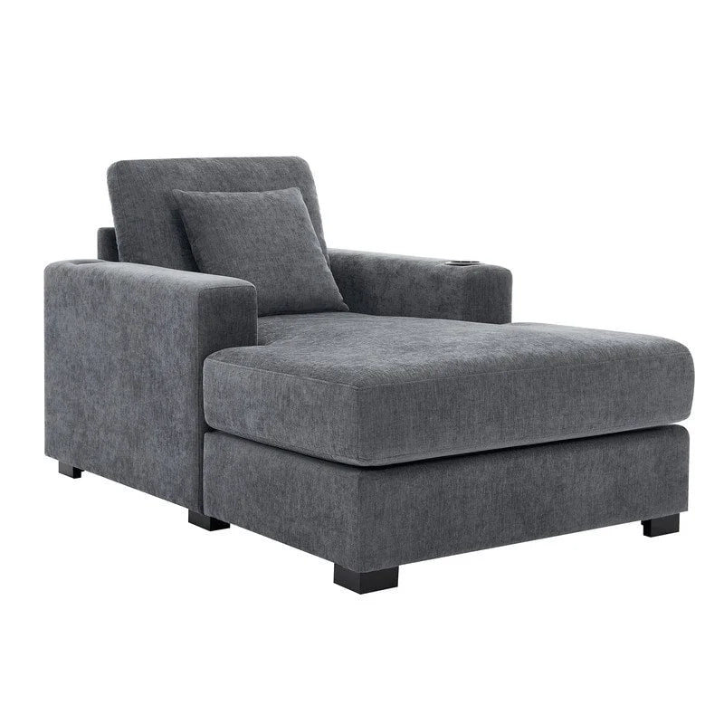 Chenille Fabric Oversized Chaise Lounger, 39.7/43.5/55 Chair Bed Sofa Couch with Pillows, Charge Station & Cup Holders