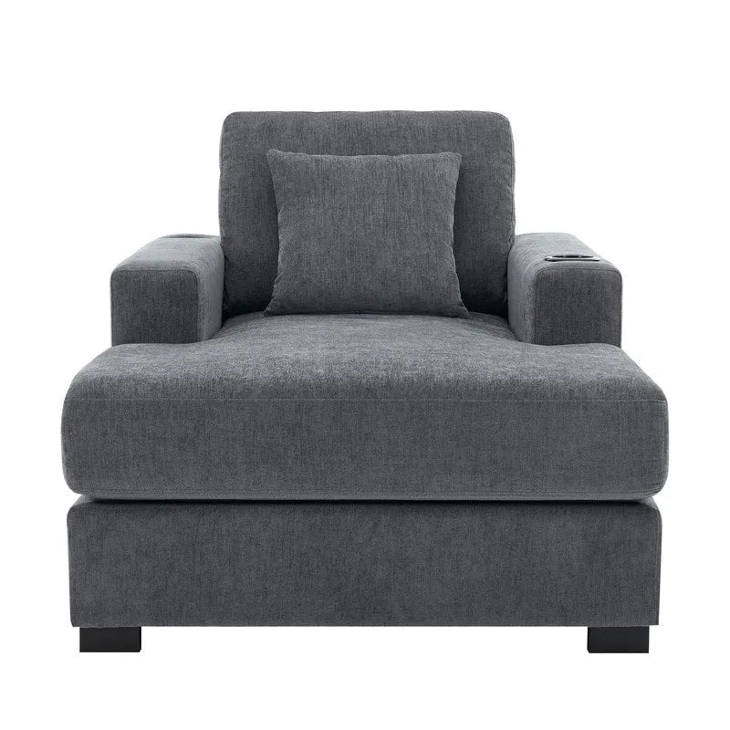 Chenille Fabric Oversized Chaise Lounger, 39.7/43.5/55 Chair Bed Sofa Couch with Pillows, Charge Station & Cup Holders