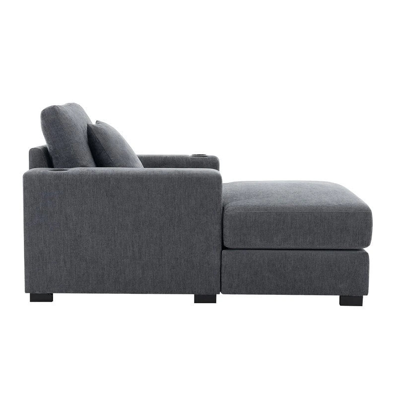 Chenille Fabric Oversized Chaise Lounger, 39.7/43.5/55 Chair Bed Sofa Couch with Pillows, Charge Station & Cup Holders